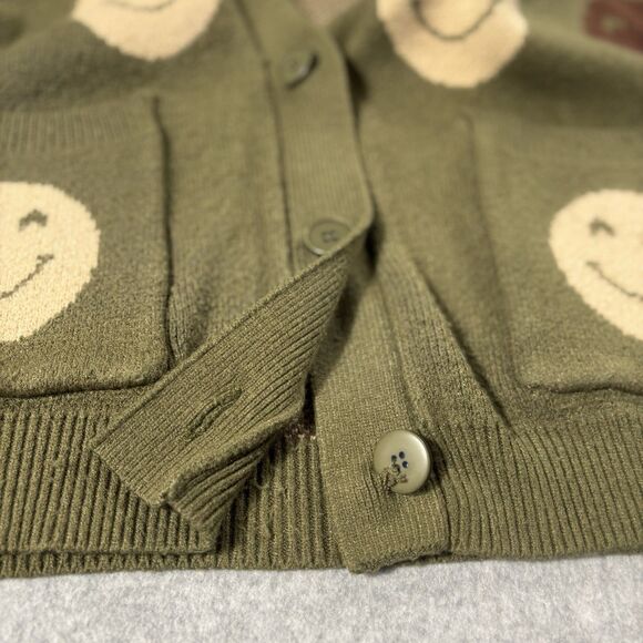 Forever 21 Women's Cozy Fit Cardigan Smiley Face Green Tan Jacquard Knit Size M - Picture 6 of 7